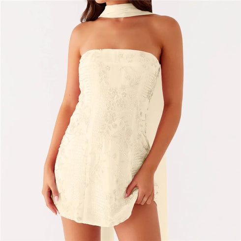 Sequin Strapless Mini Dress with Scarf Y2K Rhinestone Sleeveless Off Shoulder Design for Parties